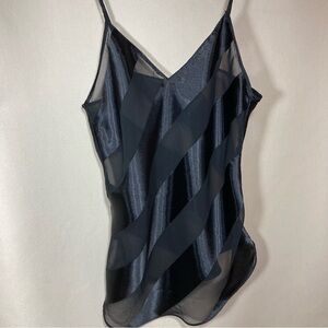 Elegant Black Satin Sheer Swirl Striped Women's Cami Top Sz S